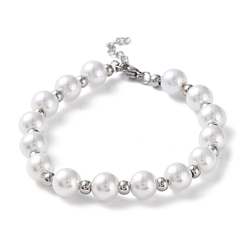 Plastic Pearl Round Beaded Bracelet, with 304 Stainless Steel Clasp, Stainless Steel Color, 7-1/8 inch(18cm)