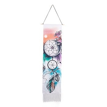 Bohemia Style Linen Wall Hanging Tapestry, Vertical Woven Net/Web with Feather Pattern Tapestry, with Wood Rod & Iron Traceless Nail & Cord, for Home Decoration, Rectangle, Colorful, 164cm