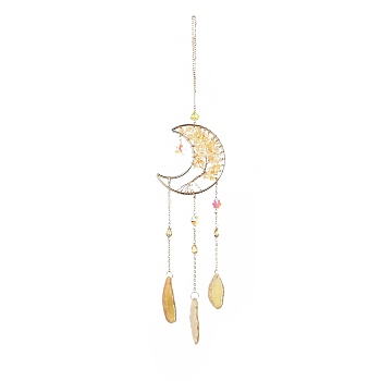Natural Citrine Chips Beaded Moon Hanging Sun Catchers, with Glass Teardrop/Octagon and Natural Agate, with Iron Findings, 455mm