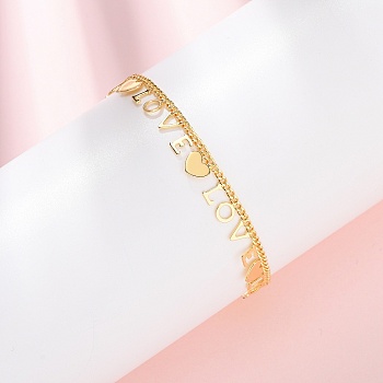 Brass Charm Bracelets, Curb Chain Bracelets for Women, Word Love & Heart, Long-Lasting Plated, Rack Plating, Cadmium Free & Lead Free, Real 18K Gold Plated, 7-1/2 inch(19cm)