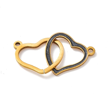 304 Stainless Steel Enamel Connector Charms, Double Heart Links, Golden, Black, 14x27x1mm, Hole: 1.5mm