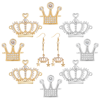 CHGCRAFT 8Pcs 4 Style Brass Micro Pave Clear Cubic Zirconia Links Connectors, Crown, Platinum & Golden, 2pcs/style