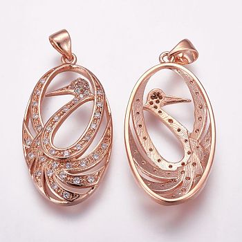 Brass Micro Pave Cubic Zirconia Pendants, Flat Oval with Bird, Rose Gold, 31x17x5mm, Hole: 3.5x4mm