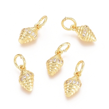 Brass Micro Pave Cubic Zirconia Charms, with Jump Rings, Shell, Clear, Golden, 9.5x6x3mm, Hole: 3.4mm