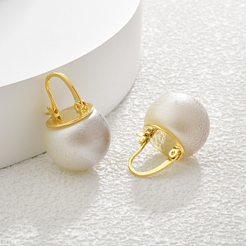 Brass with Plastic Imitation Pearl Round Hoop Earrings, Real 14K Gold Plated, 27.5x16mm