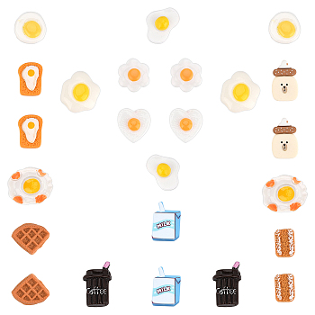 SUNNYCLUE 24Pcs 12 Style Resin Cabochons, Breakfast, Milk & Fried Egg & Heart & Coffee & Biscuits & Toast & Bread, Mixed Color, 2pcs/style