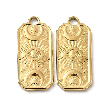 Ion Plating(IP) 316L Surgical Stainless Steel Pendants, Rectangle with Moon & Eye Charm, Real 18K Gold Plated, 22.5x10x2mm, Hole: 2.2mm
