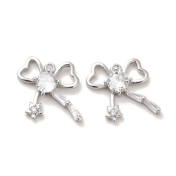 Brass Micro Pave Clear Cubic Zirconia Charms, with Glass, Bowknot, Real Platinum Plated, 12x13x3mm, Hole: 0.9mm