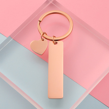 304 Stainless Steel Keychain, with Key Rings, Rectangle with Heart, Rose Gold, 80mm