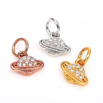 Brass Micro Pave Clear Cubic Zirconia Universe Space Charms, Long-Lasting Plated, Planet, Mixed Color, 7x8.5x1.8mm, Hole: 3.5mm