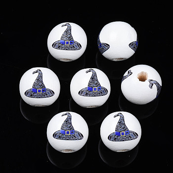 Halloween Printed Natural Wood Beads, Round with Witch Cap, Royal Blue, 15.5x14.5mm, Hole: 4mm