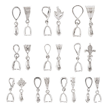 40Pcs 10 Style Rack Plating Brass Ice Pick Pinch Bails, Flower & Leaf, Long-Lasting Plated, Platinum, 23.5~30.5mm, Hole: 3.5~8.5x5~11mm, Pin: 0.7~1mm, 4Pcs/style