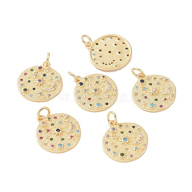 Real 18K Gold Plated Colorful Flat Round Brass+Cubic Zirconia Pendants