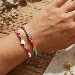 2Pcs 2 Styles Round Glass & Lampwork & Imitation Pearl & Synthetic Turquoise & Natural Shell & Seed Beads Braided Bead Bracelets, Braided Nylon Cord Adjustable Bracelets for Women, Evil Eye & Heart, Mixed Color(VE0130-3)
