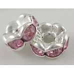 Brass Rhinestone Spacer Beads, Grade A, Wavy Edge, Rondelle, Nickel Free, Silver, Light Rose, 8x3.8mm, Hole: 1.5mm(X-RSB030NF-07)