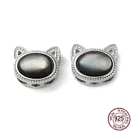 Cat Shape Rhodium Plated 925 Sterling Silver Beads, with Natural Black Shell, Long-Lasting Plated, with S925 Stamp, Platinum, 8x9.5x5mm, Hole: 1.6mm(STER-D005-01P)
