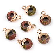 Natural Unakite Flat Round/Donut Charms, with Rack Plating Golden Tone Brass Loops, 14x10mm(G-I347-08)