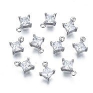 Long-Lasting Plated 925 Sterling Silver Cubic Zirconia Charms, Nickel Free, Rhombus, Real Platinum Plated, 6.5x5x2.5mm, Hole: 0.8mm(STER-ZX003-01P-NF)