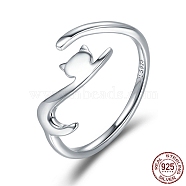 Rhodium Plated 925 Sterling Silver Cuff Finger Rings, Adjustable,  Cat, with 925 Stamp, Real Platinum Plated, 2mm(RJEW-FF0009-01P)