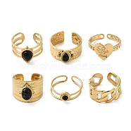 6Pcs 6 Style Crown & Teardrop & Heart 304 Stainless Steel Open Cuff Rings Set, Natural Obsidian Stackable Rings, Real 18K Gold Plated, Inner Diameter: 16.7~18mm, 1Pc/style(RJEW-P092-04G-M)