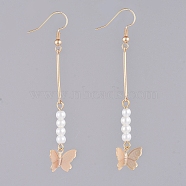 Dangle Earrings, with Glass Pearl Beads, Iron Bar Links, Brass Charms and Earring Hooks, Butterfly, Golden, 70mm, Pin: 0.6mm(EJEW-JE03958-03)
