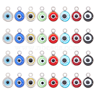 SUPERFINDINGS Handmade Lampwork Charms, with 304 Stainless Steel Findings, Flat Round with Evil Eye, Mixed Color, 9.5x6.5x2.5mm, Hole: 1.5mm, 8 colors, 8pcs/color, 64pcs(STAS-FH0001-22P)