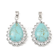 Synthetic Turquoise & Rhinestone Pendants, with Platinum Tone Rack Plating Brass Wire Wrap, Long-Lasting Plated, Lead Free & Cadmium Free, Teardrop, 40x26x13mm, Hole: 6x4.5mm(G-K338-31P-06)