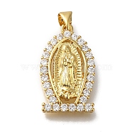 Rack Plating Brass Micro Pave Clear Cubic Zirconia Pendants, Long-Lasting Plated, Cadmium Free & Lead Free, Virgin Mary Charms, Real 18K Gold Plated, Oval, 25x14.5x4.5mm, Hole: 3.5x4mm(KK-G500-02F-G)