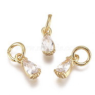 Brass Micro Pave Cubic Zirconia Charms, with Jump Ring, Long-Lasting Plated, Real 18K Gold Plated, Faceted, Teardrop, Clear, 8x3x3mm, Hole: 3mm(ZIRC-F111-04G-09)