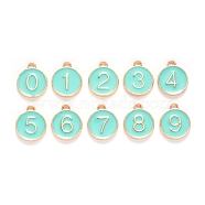 Light Gold Plated Alloy Enamel Charms, Enamelled Sequins, Flat Round with Number, Number 0~9, Turquoise, 14.5x12x2.5mm, Hole: 1.4mm, 10pcs/set(ENAM-T010-06G)