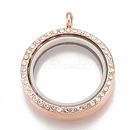 Alloy Magnetic Locket Pendants, with Rhinestone and Glass, Flat Round, Crystal, 37x30.5x7.5mm, Hole: 3.5mm, Inner diameter: 23mm(PALLOY-T052-23RG)