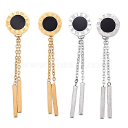 304 Stainless Steel Chain Tassel Earrings, with Ear Nuts and Resin, Flat Round with Roman Numerals, Black, Mixed Color, 47mm, Pin: 0.7mm(EJEW-I248-40)