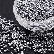Electroplate Glass Seed Beads, Round Hole Rocailles, Silver Color, Size: about 3mm in diameter, 2.3mm thick, hole: 0.7mm. 1600pcs/50g(X-SEED-Q004-02)