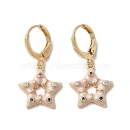 Star Real 18K Gold Plated Brass Dangle Leverback Earrings, with Enamel and Cubic Zirconia, Pink, 28.5x14.5mm(EJEW-L268-033G-03)