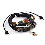 Leater Braided Multi-strand Bracelet with Alloy Musical Note Charms, Natural Mixed Gemstone Beaded Bracelet for Men Women, Black, 6-3/4 inch(17cm)(MUSI-PW0001-33A)