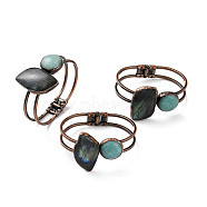 Natural Amazonite & Labradorite Hinged Bangles, Leaf & Flat Round Brass Bangles for Women, Red Copper, Inner Diameter: 2-3/8 inch(6.1cm), 14mm(BJEW-A015-02R)