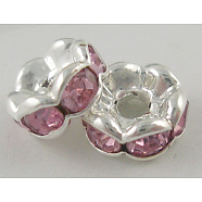 Rhinestone Spacer Beads, Grade A, Pink, Silver Color Plated, Nickel Free, Size: about 8mm in diameter, 3.8mm thick, hole: 1.5mm(X-RSB030NF-07)