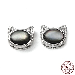 Anti-Tarnish Cat Shape Rhodium Plated 925 Sterling Silver Beads, with Natural Black Shell, Long-Lasting Plated, with S925 Stamp, Platinum, 8x9.5x5mm, Hole: 1.6mm(STER-D005-01P)