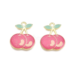 Light Gold Plated Alloy Enamel Pendants, Cadmium Free & Lead Free, with Glitter Powder, Cherry Charms, Hot Pink, 21x17x2mm, Hole: 1.8mm(PALLOY-N176-25B-RS)