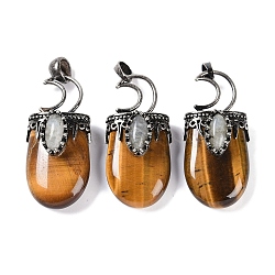 Natural Tiger Eye Pendants, Moon Charms, with Rack Plating Anstique Silver Plated Brass Findings, Lead Free & Cadmium Free, 43.5~45x20~22x14.5~15.5mm, Hole: 6.5x5mm(G-L524-17AS-08)