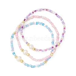 3Pcs 3 Color Natural Pearl & Seed Beaded Stretch Bracelets Set, Mixed Color, Inner Diameter: 2-1/8 inch(5.3cm), 1Pc/color(BJEW-JB09437)