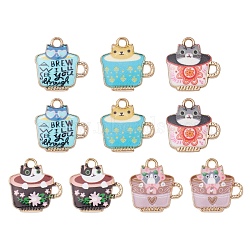 10Pcs 5 Colors Rack Plating Alloy Enamel Charms, Cup with Cat, Mixed Color, 15x15x1.9mm, Hole: 1.8mm, 2pcs/style(ENAM-YW0003-17)