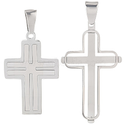 2Pcs 2 Styles 304 Stainless Steel Pendants, Cross Charms, Stainless Steel Color, 28~43.5x18.5~25.5x2.5~3mm, Hole: 4~5.8x3.~6.7mm, 1pc/style(STAS-BBC0007-71)