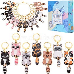 1 Set Cat Shape Alloy Enamel Pendant Locking Stitch Markers, Crochet Leverback Hoop Charms, Mixed Color, 5.4cm, 7 style, 2pcs/style, 14pcs/set(HJEW-SC0001-63)