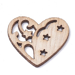 Undyed Wooden Pendants, Heart with Star, BurlyWood, 27x29.5x2mm, Hole: 1.5mm(WOOD-S040-24)