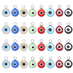 SUPERFINDINGS Handmade Lampwork Charms, with 304 Stainless Steel Findings, Flat Round with Evil Eye, Mixed Color, 9.5x6.5x2.5mm, Hole: 1.5mm, 8 colors, 8pcs/color, 64pcs(STAS-FH0001-22P)