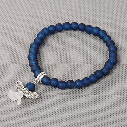 Stretchy Frosted Glass Beads Charm Bracelets, with Tibetan Style Acrylic Findings, Lovely Wedding Dress Angel Dangle, Antique Silver, Marine Blue, 51mm(BJEW-JB01770-04)