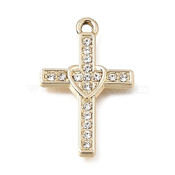 UV Plating Alloy Crystal Rhinestone Pendants, Cross with Heart Charms, Golden, 27x7.5x2mm, Hole: 1.8mm(RB-CBAD37D-10G)