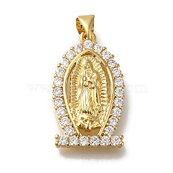 Rack Plating Brass Micro Pave Clear Cubic Zirconia Pendants, Long-Lasting Plated, Cadmium Free & Lead Free, Virgin Mary Charms, Real 18K Gold Plated, Oval, 25x14.5x4.5mm, Hole: 3.5x4mm(KK-G500-02F-G)