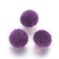 Handmade Plush Cloth Fabric Covered, with CCB Plastic Findings, Round, Golden, Purple, 17x15mm, Hole: 1.5mm(FIND-P029-C08)